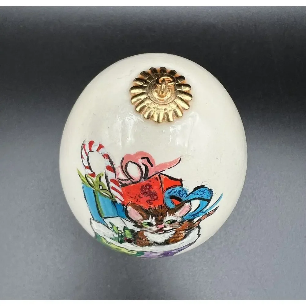 Hand Painted 4” Christmas Egg Ornament Cat w Presents in Stocking Signed